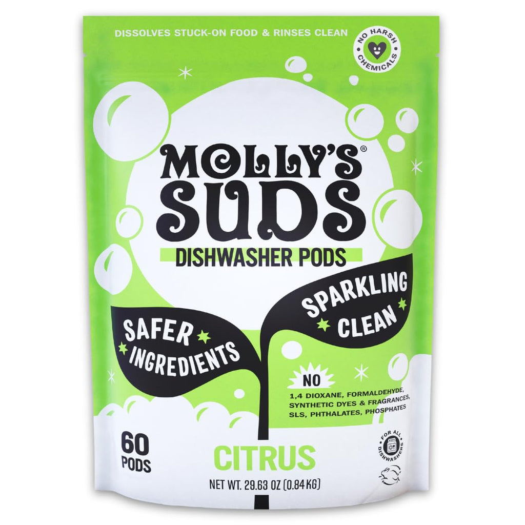 Molly's Suds Dishwasher Pods | Clean Dishwasher Detergent, Cuts Grease & Rinses Clean (Residue-Free) for Sparkling Dishes | 60 Auto-Release Tabs (Citrus)