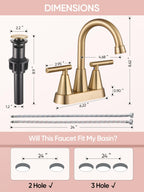 Cobbe Bathroom Faucets for Sink 3 Hole, 4 Inch with Pop Up Drain and 2 Supply Hoses, 2 Handle Centerset Bathroom Faucet for Sink Vanity, Brushed Gold, 2 Pack