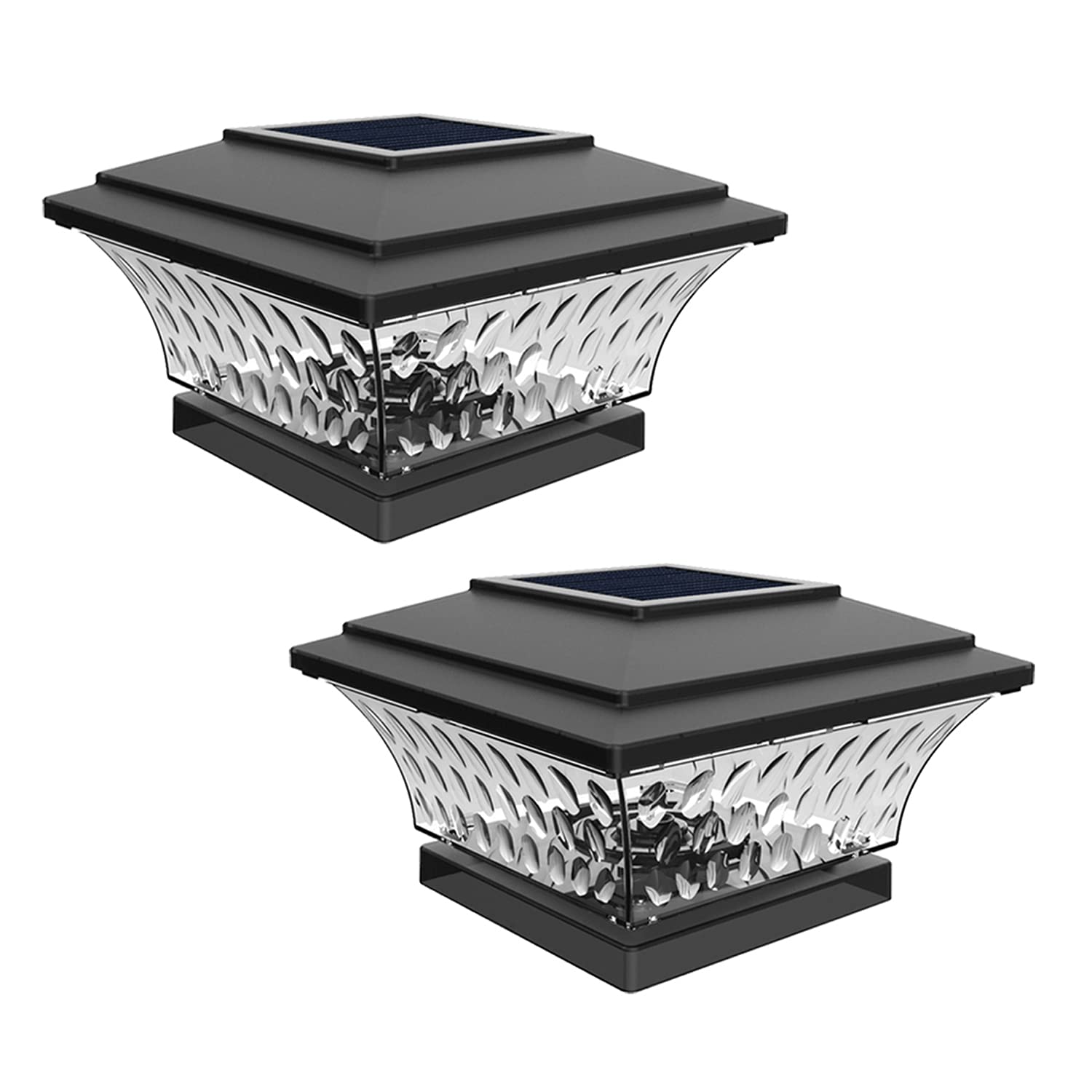 HUYIENO Solar Post Cap Lights Outdoor LED Lighting Deck Fence Cap Light Two Light Modes Warm White/Bright White Suitable for 4x4 Wooden Posts Black 2PK