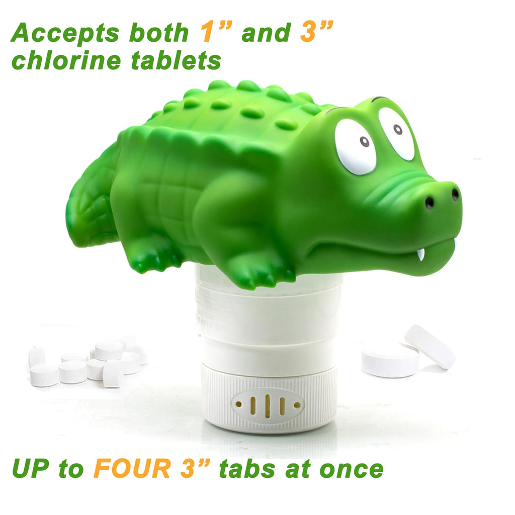 WWD POOL Pool Chlorine Floater, Floating Pool Chlorine Dispenser (Alligator), Fits 1 and 3 Inch Tablets for Large and Small Pools, Spa, Hot Tub