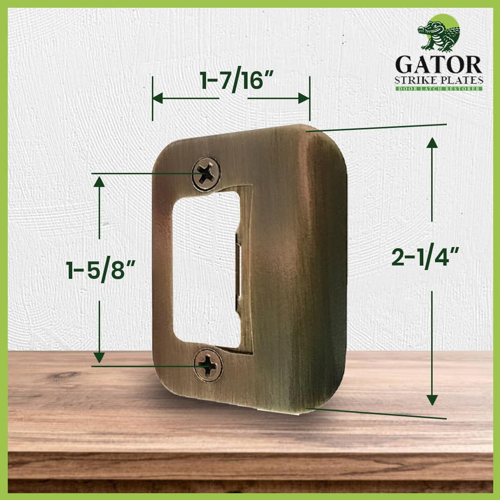 Gator Door Strike Plate with Screws, – 2-1/4" by 1-3/4" Universal Latch Restorer Alloy Steel Lock Hardware for Interior and Exterior Doors, Replacement Door Latch Plate | Antique Brass 4-Pack