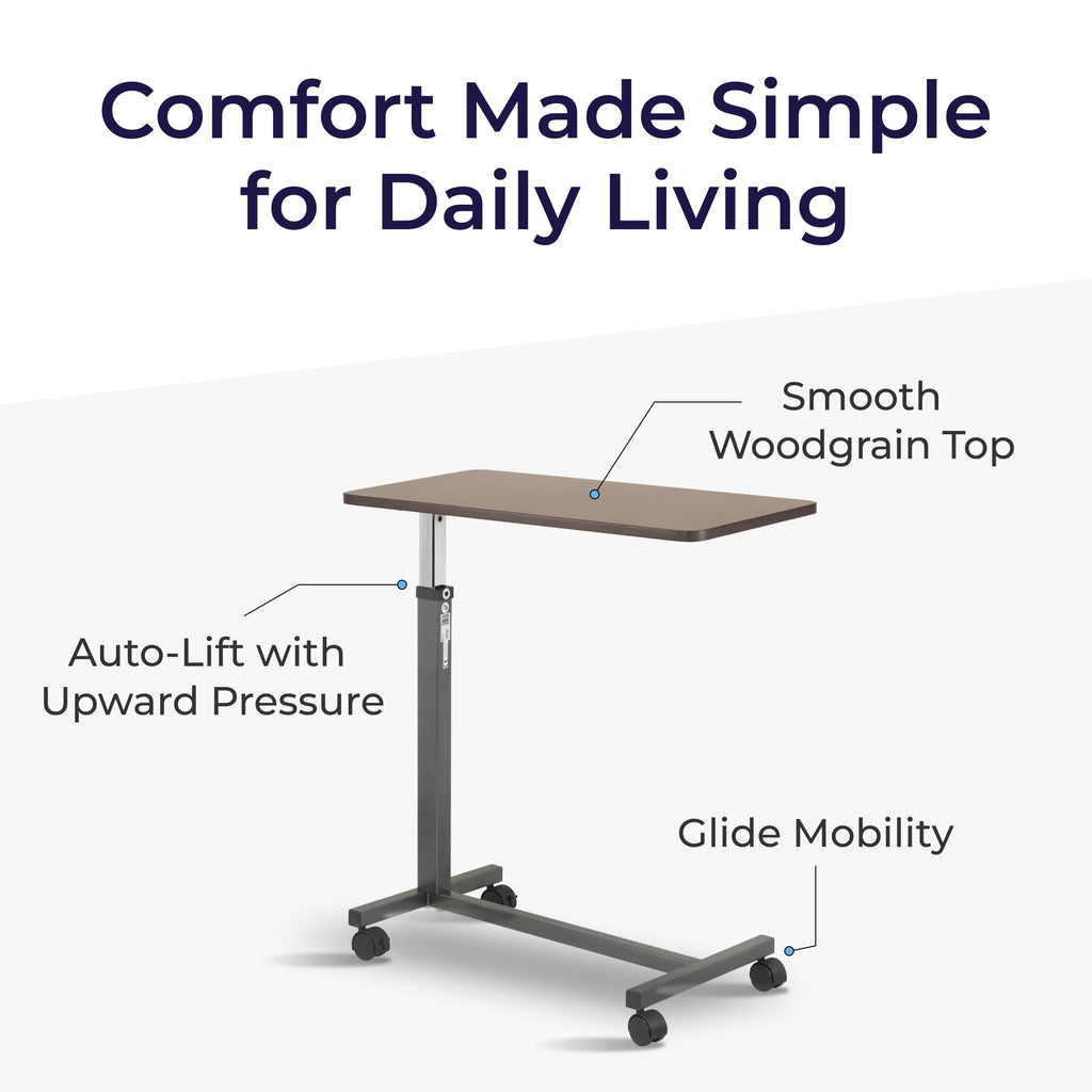 Drive Medical Overbed Table with Wheels - Secure Height Adjustment for Comfort - Non Tilt Surface - Smooth Rolling Design - Home & Hospital Use - Woodgrain Laminate Top - Silver Vein