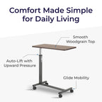 Drive Medical Overbed Table with Wheels - Secure Height Adjustment for Comfort - Non Tilt Surface - Smooth Rolling Design - Home & Hospital Use - Woodgrain Laminate Top - Silver Vein