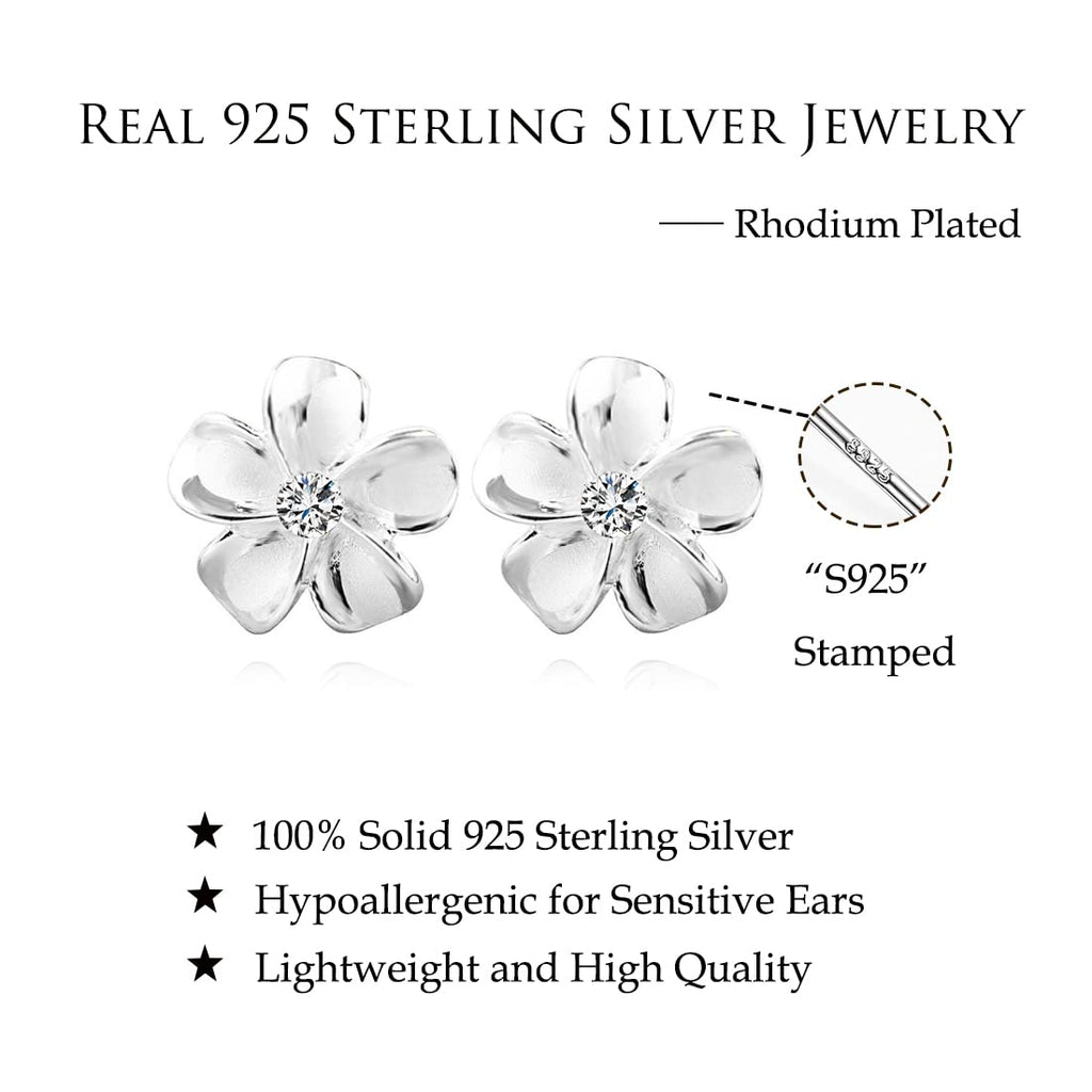 Reffeer Solid 925 Sterling Silver Plumeria Flower Stud Earrings for Women Teen Girls Crystal Flower Stud Earrings (A-Silver)