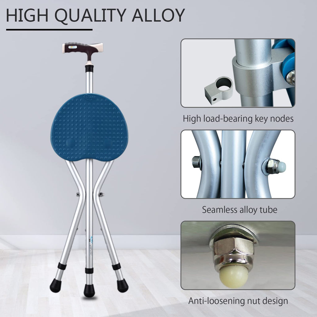 Yayayo Walking Cane with Seat Aluminum Alloy Portable LED Floding Chair for Seniors Adult Height Adjustable Heavy Stick Stool for Elderly Gift Blue