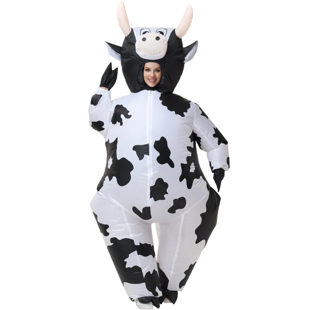 ZISUEX Inflatable Cow Costume Adult Cow Blow Up Suit Halloween Costume Jumpsuit Fancy Party Christmas Inflatable Suit (White, L:4.9ft to 6.2ft)