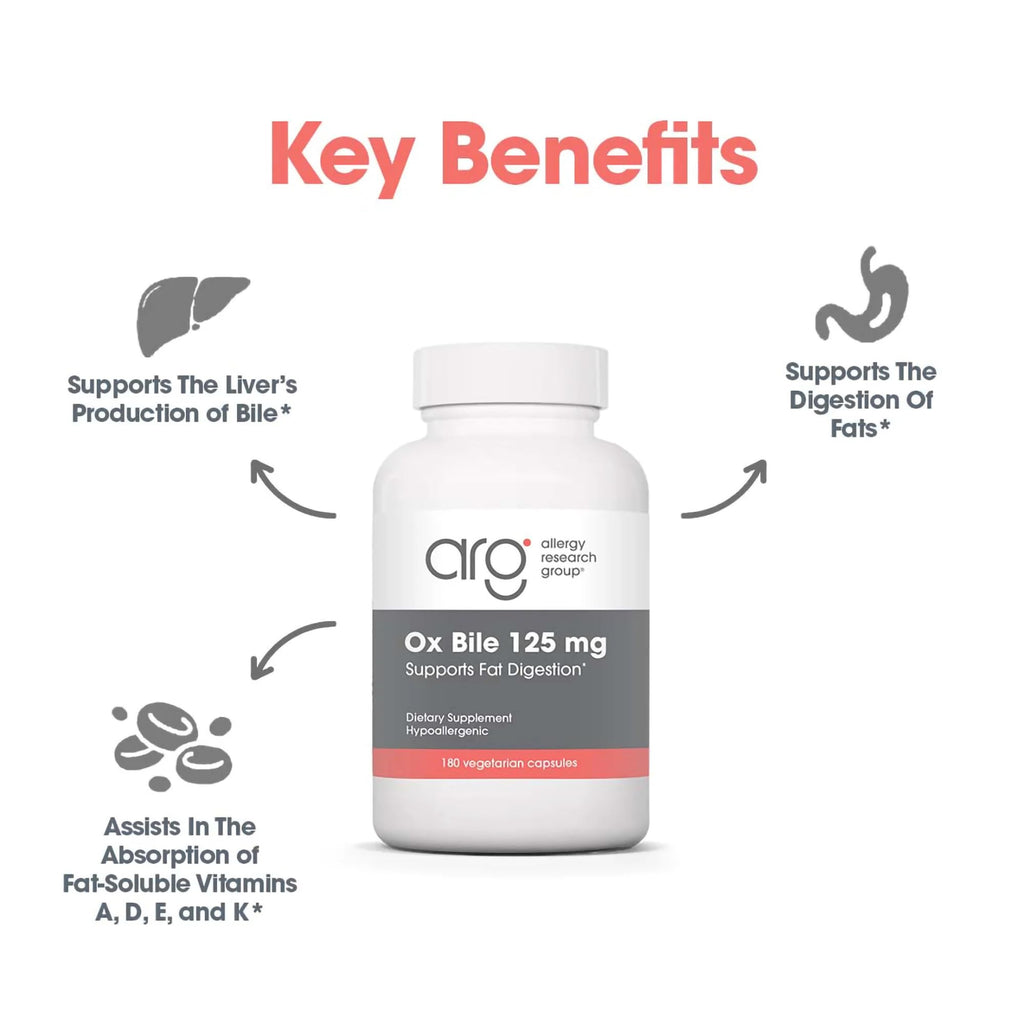 ARG Ox Bile 125 mg – Supports Fat Digestion – Delivers 125 mg Concentrated Bile Salts per Serving – Hypoallergenic & Vegetarian – 180 Servings – 180 Vegicaps
