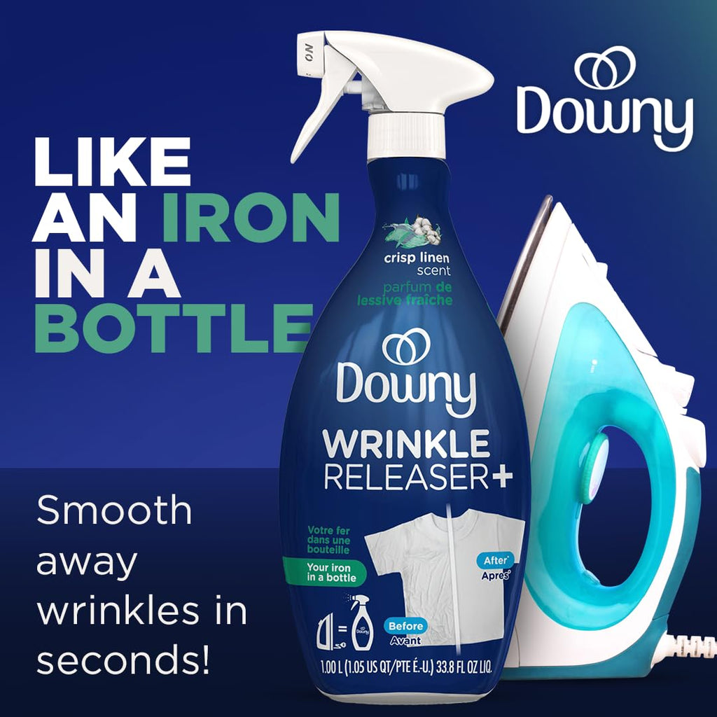 Downy Wrinkle Releaser Spray, All In One Formula, Removes Wrinkles, Static and Odor Eliminator, Crisp Linen Scent, 33.8 Fl Oz (Packaging May Vary),(Pack of 4)