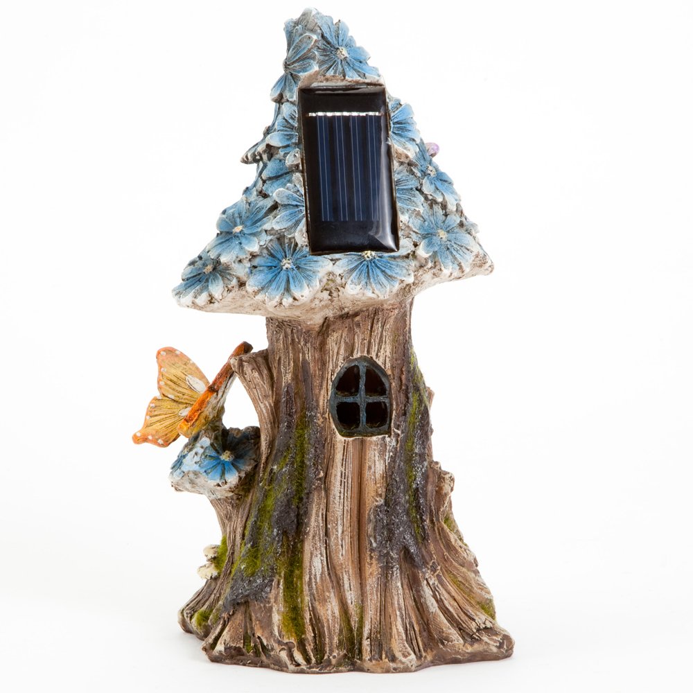 Bits and Pieces - Solar Butterfly and Blue Daisies Fairy House - Unique Lawn and Garden Décor