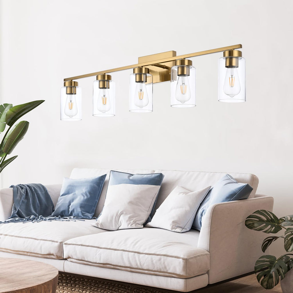A1A9 5 Light Bathroom Vanity Light Fixtures, Brushed Brass Modern Wall Lights with Clear Glass Shade, Vintage Wall Sconce Lighting for Living Room, Mirror, Bedroom, Hallway (Gold, 5-Lights)
