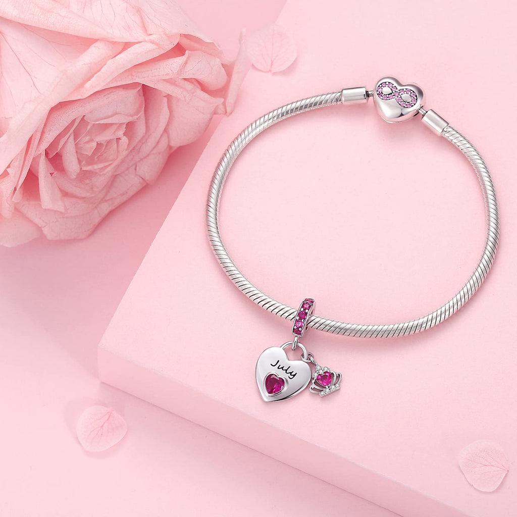 Birthstone Dangle Charms: 925 Sterling Silver Heart Bead Charms for Pandora Bracelets and Necklaces, Birthday Mother's Day Christmas Jewelry Gifts For Women (July)