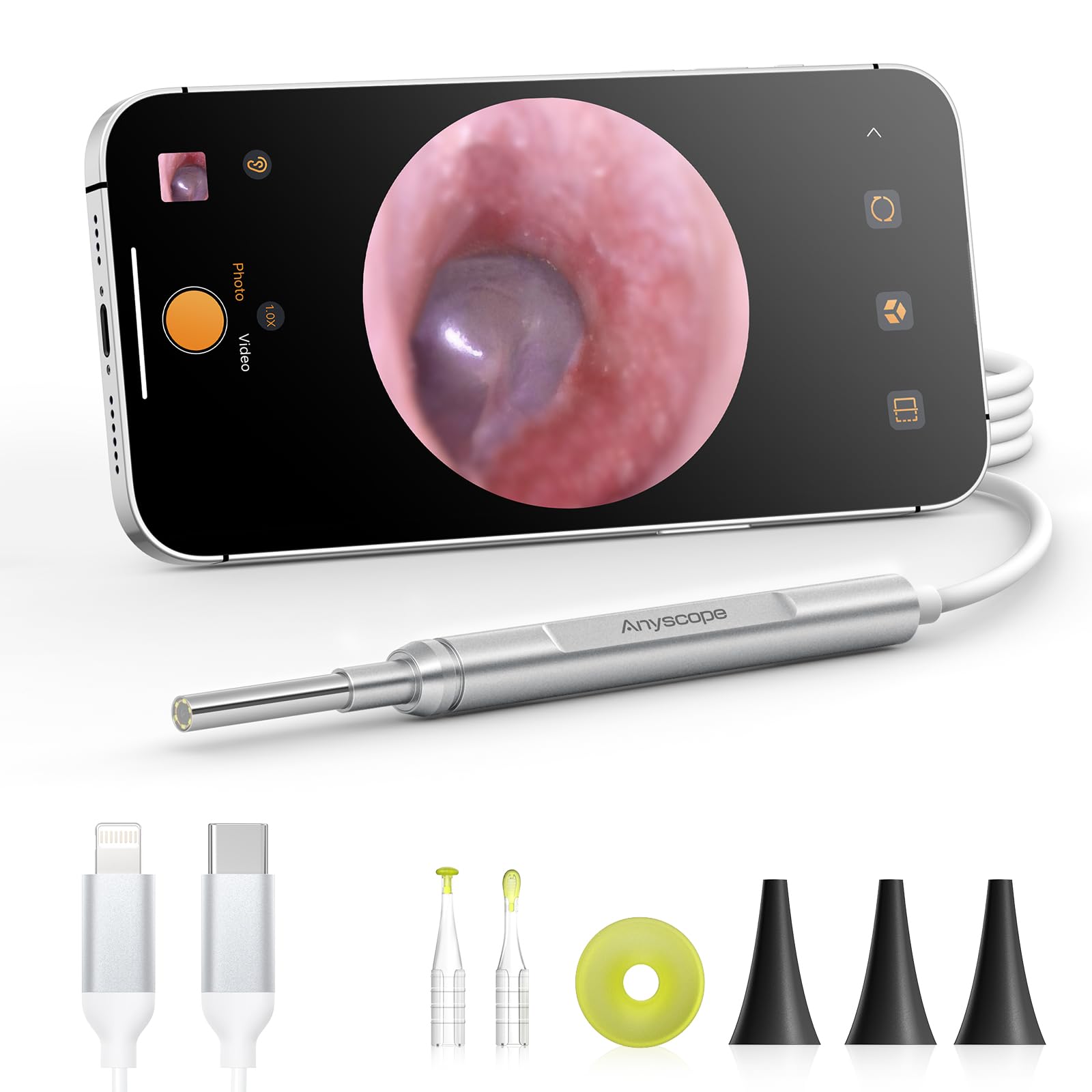 AnyScope Digital Otoscope Compatible with iPhone and Android Devices, HD Ear Camera with Ear Wax Removal Tools, Video Ear Scope Otoscope with Light, Capture Photos and Videos (Silver)