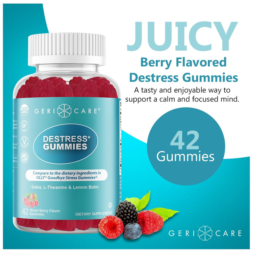 GeriCare DeStress Gummies with GABA, L-Theanine & Lemon Balm, Berry Flavor, 42 Count, Supports Relaxation & Mental Clarity, Non-GMO, Gluten-Free, Vegan (2 Pack)