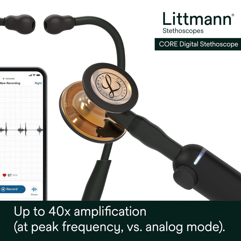3M Littmann CORE Digital Stethoscope, Our Most Advanced Stethoscope Yet, Up To 40x Amplification, Active Noise Cancellation, In-App Sound Wave Visualization, High Polish Copper Chestpiece, 8870