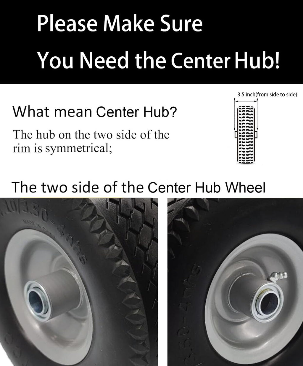 Flat Free 4.10/3.50-4 Tire with 3/4 & 5/8 Axle Bore, 3.5” Center Hub 10 inch Solid Tire Replacement for Hand Truck/Wagon/Garden Cart/Wheelbarrow/Dolly(Set of 2)