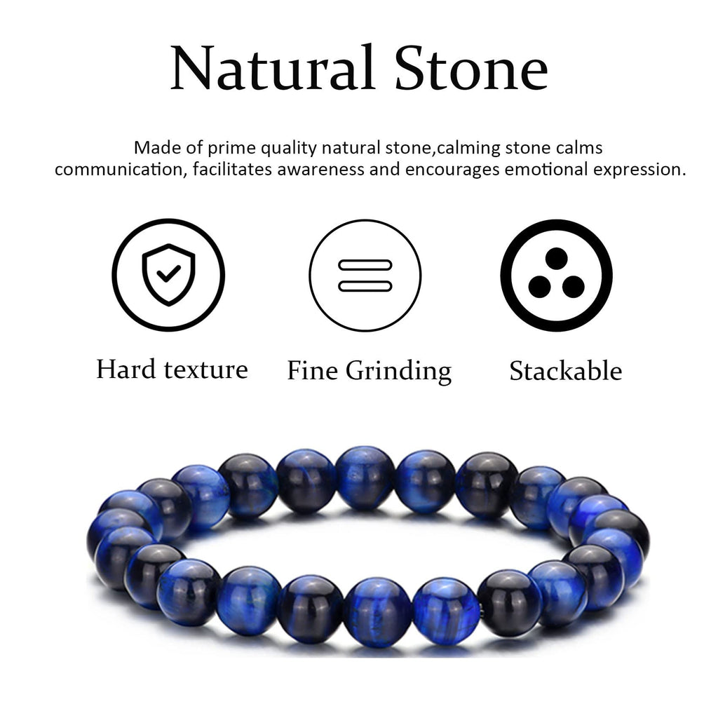 RANKEEF Tiger Eye Bracelet For Men 8MM Natural Stone Beads Bracelet Set Stretch Lava Rock Bracelets Adjustable Black Crystal Beaded Bracelet for Men Women Gifts