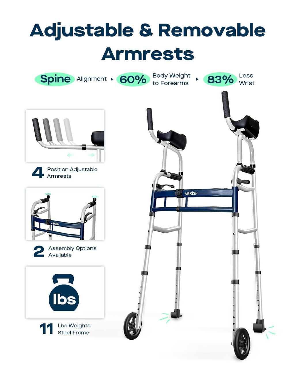 Narrow Walker Folding Upright Walker - with Removable Armrests, 450LBS Heavy Duty, Width & Height Adjustable Narrow Walkers for Seniors, Disabled, Bariatric