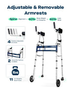Narrow Walker Folding Upright Walker - with Removable Armrests, 450LBS Heavy Duty, Width & Height Adjustable Narrow Walkers for Seniors, Disabled, Bariatric