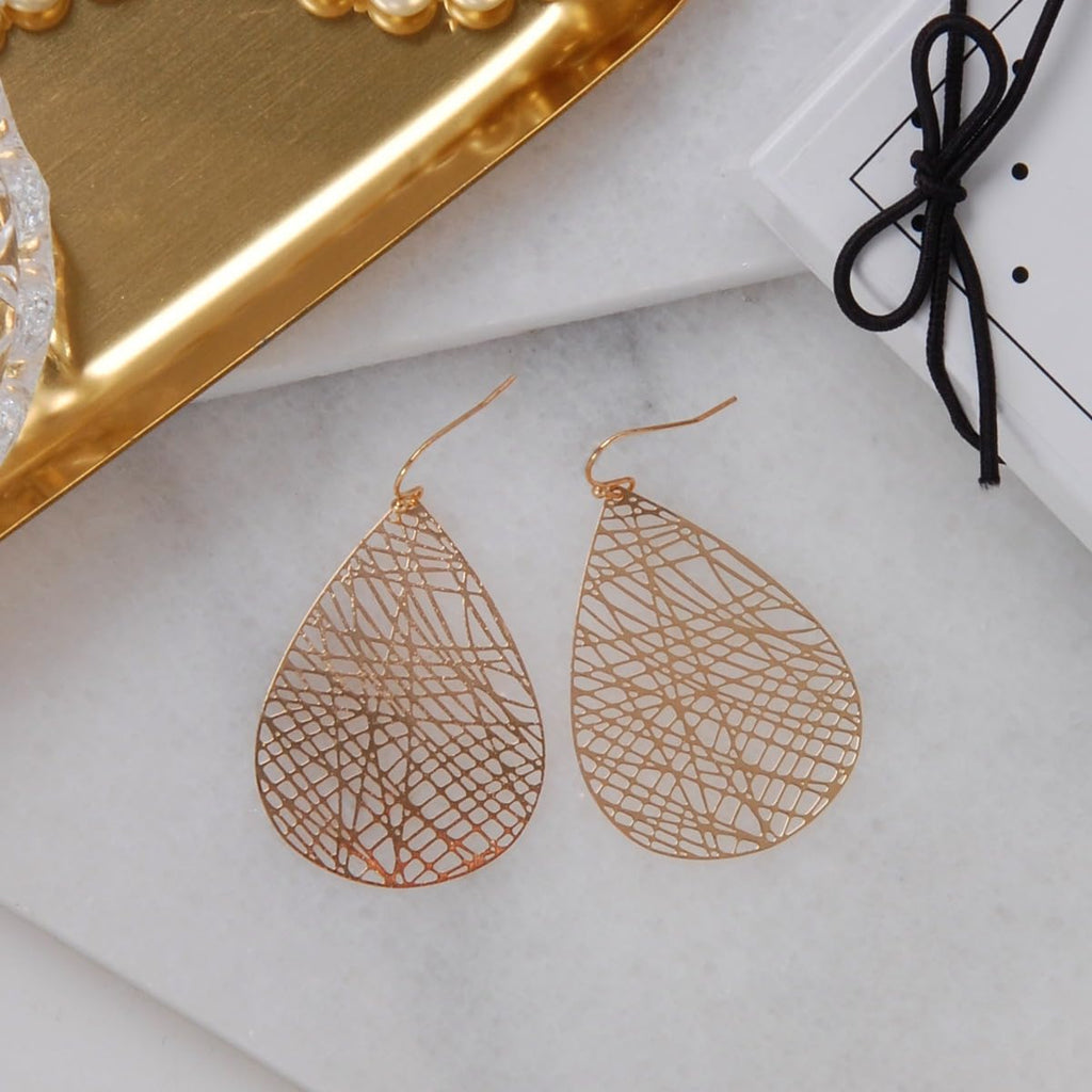 Gold Tone Dangle Earrings for Women - Large Filigree Boho Dangly Teardrop