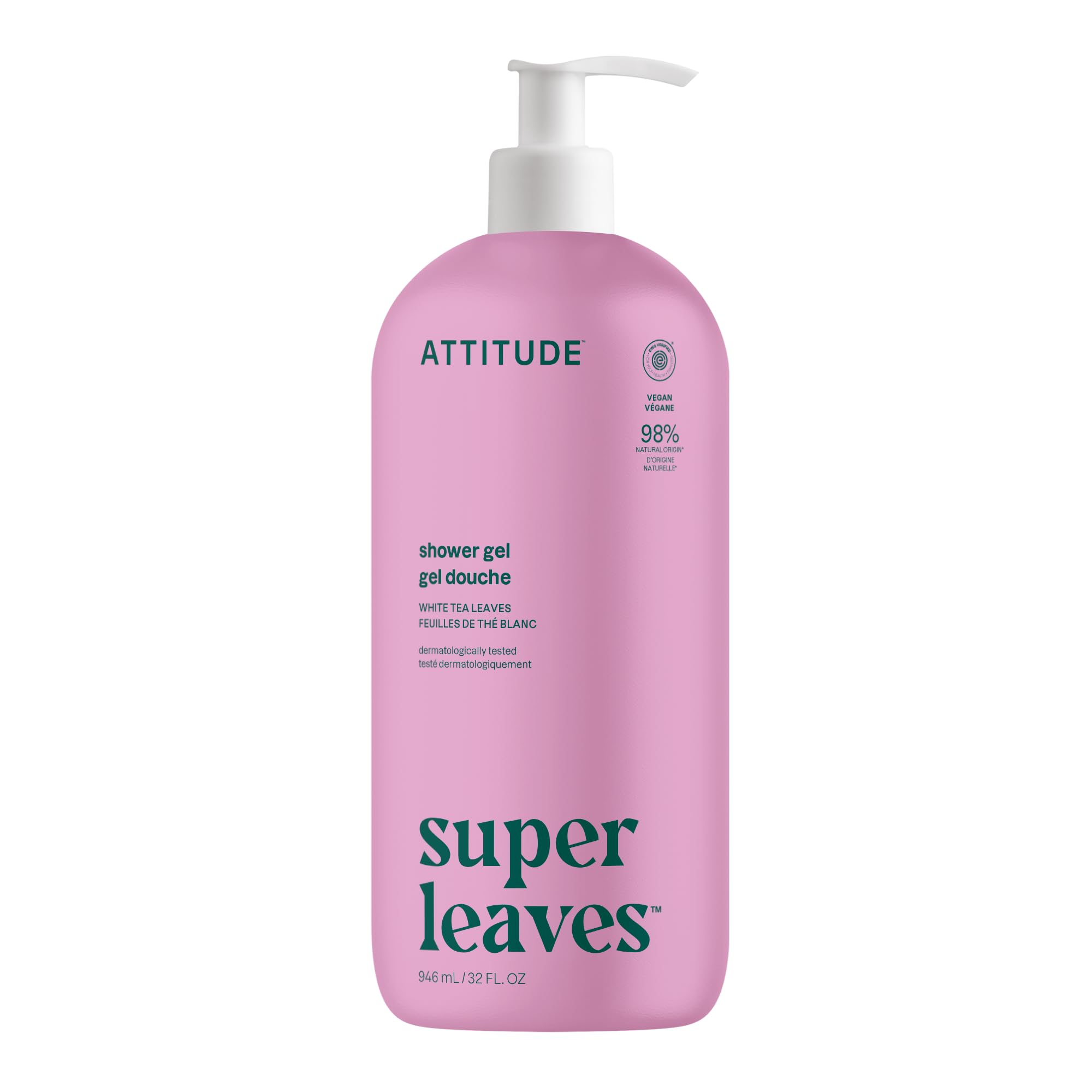ATTITUDE Soothing Shower Gel, Dermatologically Tested, Plant and Mineral-Based, Vegan Personal Care Products, White Tea Leaves, 32 Fl Oz