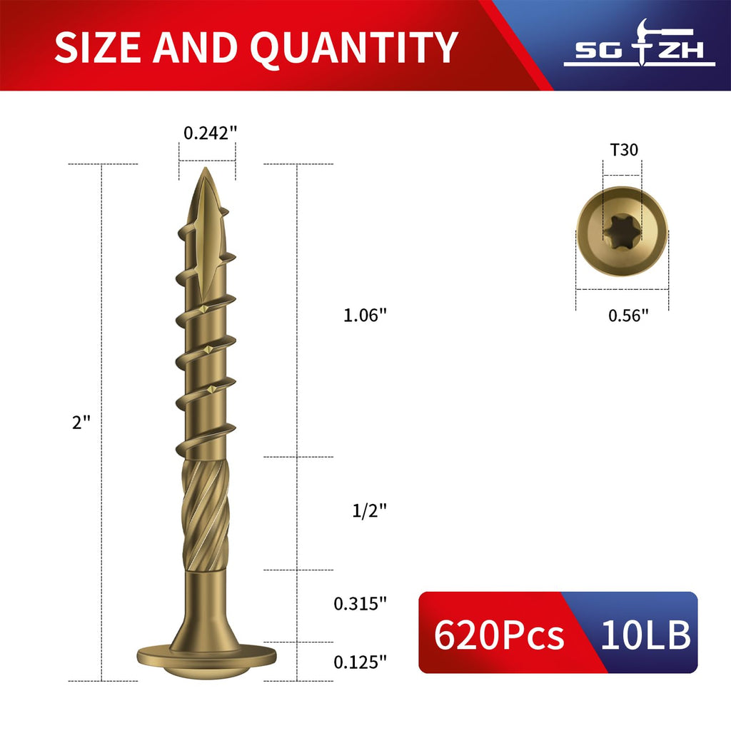 SG TZH #14 x 2 Inch Lag Screws (620Pcs) 10lb. Structural Wood Screw, Bronze, Carbon Steel, Washer Head, Rust Resistant epoxy Coated, T30 Star Bit