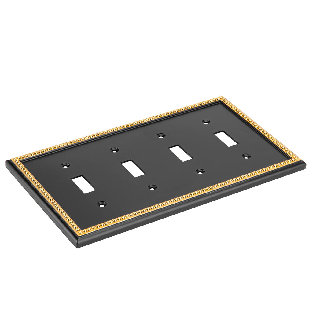 Pearled Frame Decorative Wall Plate Switch Plate Outlet Cover (Quad Toggle, Black & Dark Golden)