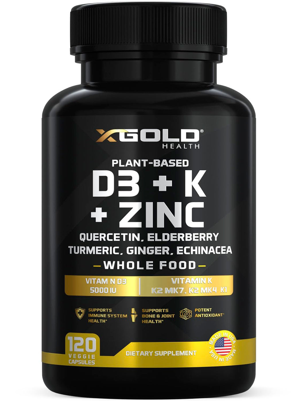 Vitamin D, K2, K1, Zinc, Quercetin, Elderberry, Turmeric, Ginger & Echinacea Whole Food Supplement 8 in 1- D3 5000 IU Plant-Based from Lichen, Vitamin K (K2 MK7, MK4, K1), D3 K2 Vitamins -120 Capsules