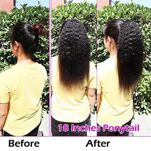 Kinky Straight Ponytails Human Hair 10A Grade Drawstring Ponytail Extension Yaki Straight Clip in Pony Tail for Black Women Natural Black Hair Pieces (18 Inches)