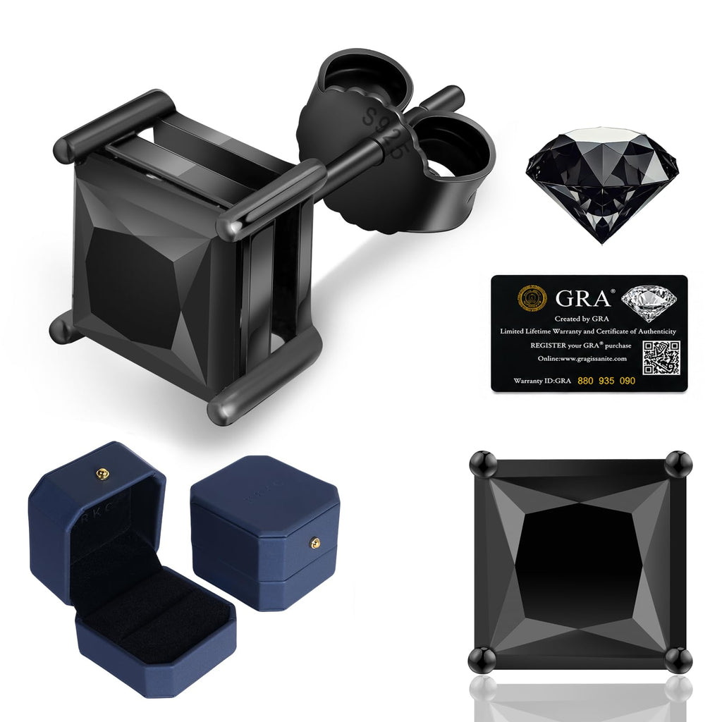KRKC Black Moissanite Stud Earrings for Men, Sterling Silver, Princess Cut