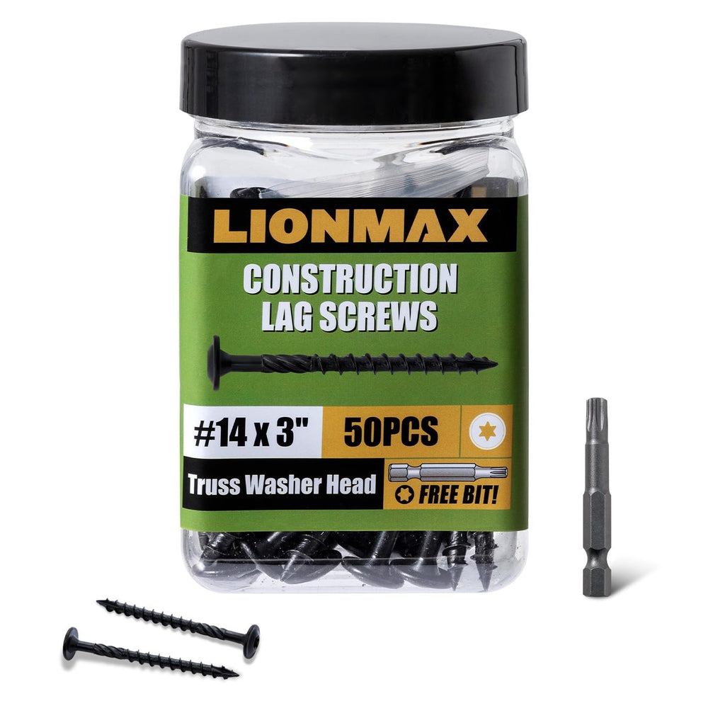 LIONMAX Lag Screws 3 Inch, Structural Wood Screws #14 x 3, 50-PCS, Black