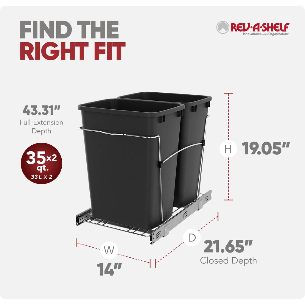 Rev-A-Shelf Double 35 Qt Pullout Trash Can for Base Kitchen Cabinets, Garbage Waste Bin System with Full-Extension Slides, Min Opening Width of 14.5", Black, RV-18KD-18C S