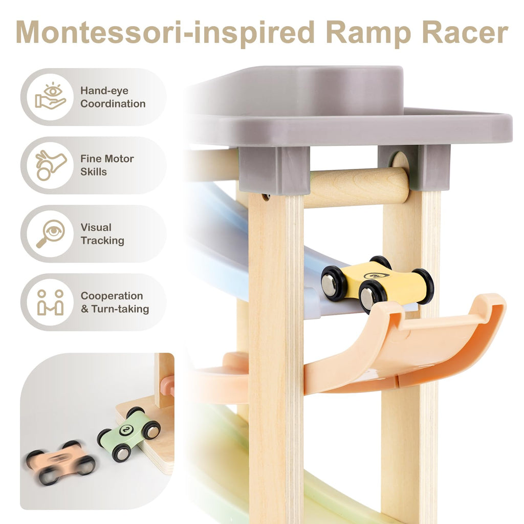 Joyreal Montessori Toddler Toys for 1+ Year Old Boys Girls Wooden Car Ramp