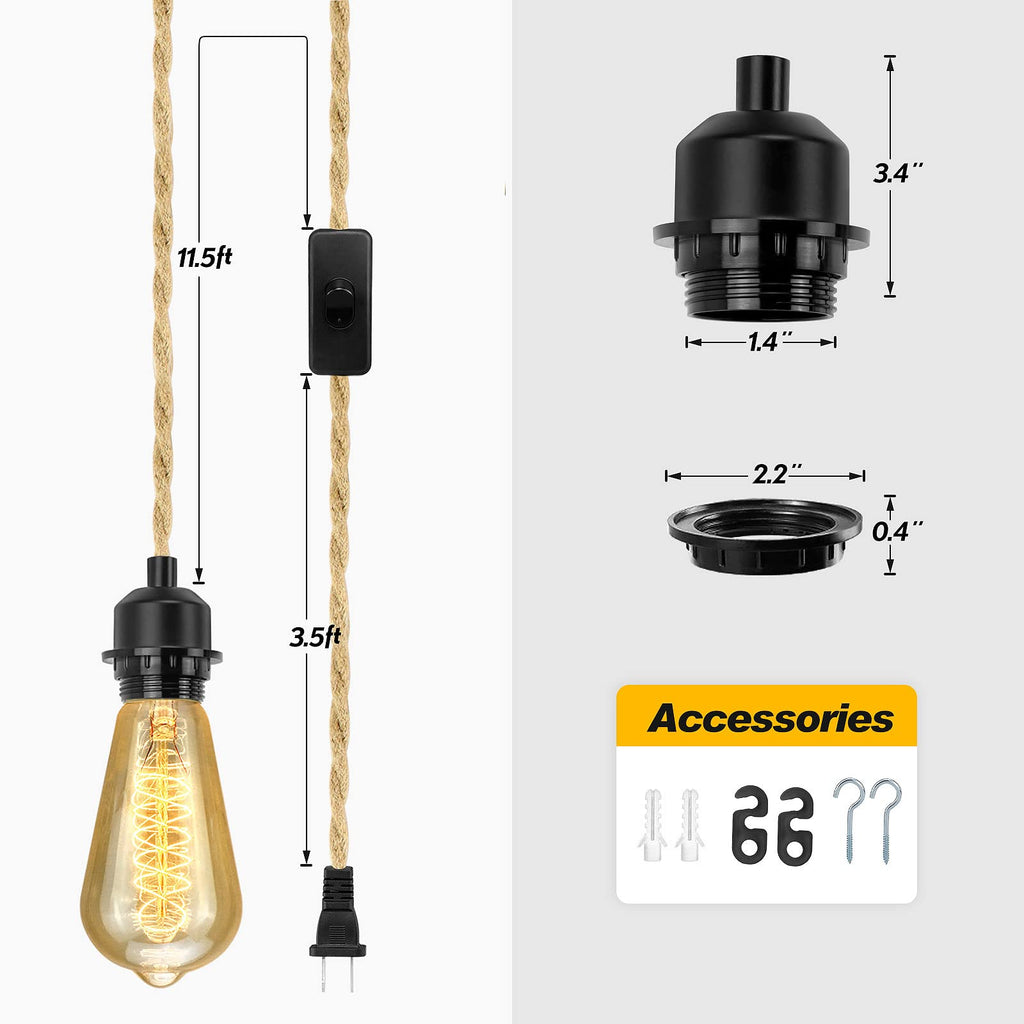 LYOOWNG 2Pack Plug in Pendant Light Cord, Farmhouse Hanging Lights with Plug in Cord, 15FT Hemp Rope Plugin Hanging Light Cord Kit with On/Off Switch, E26 E27 LightSocketCord