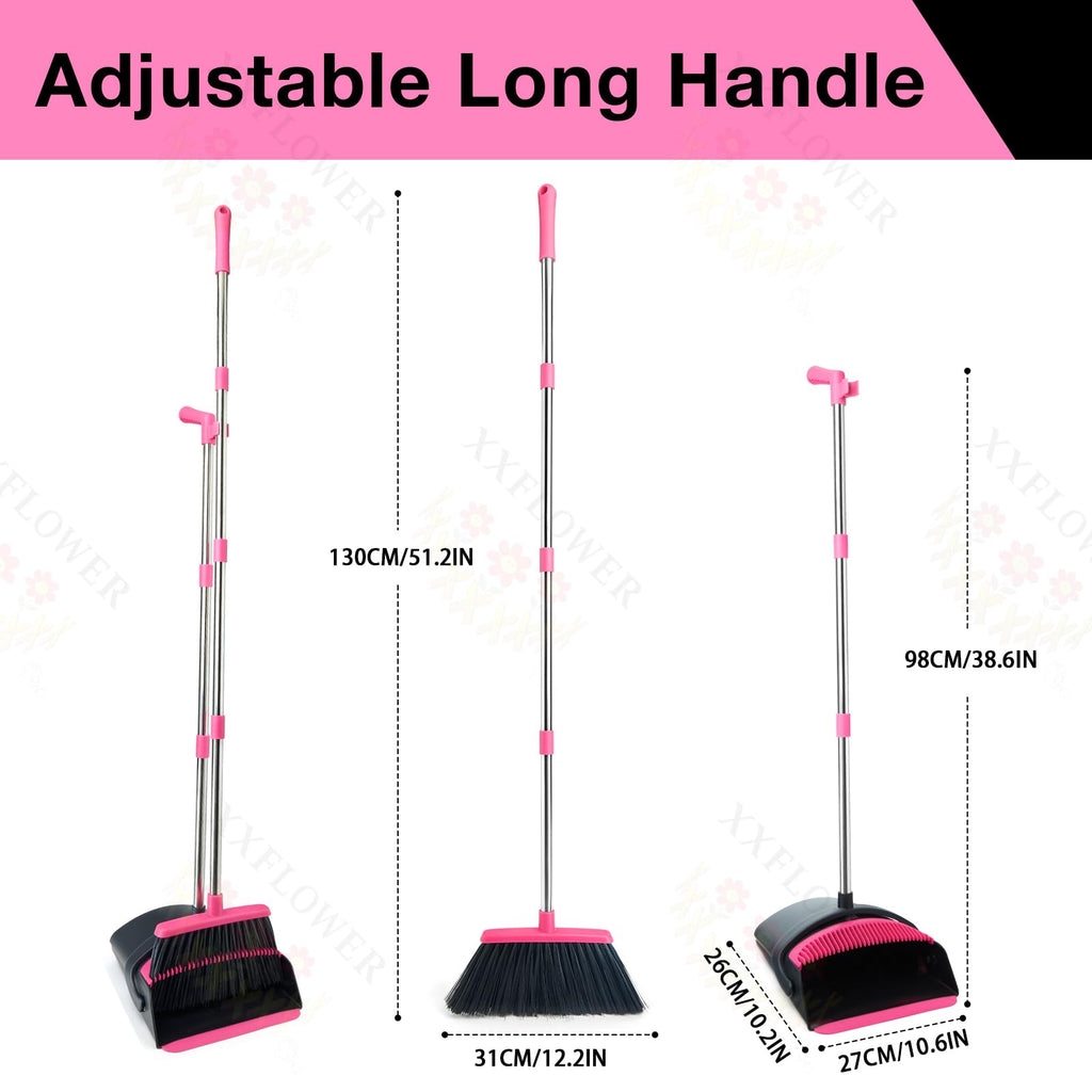XXFLOWER Broom and Dustpan Set, Long Handle Lightweight Dustpans with Broom Combo for Home, Indoor&Outdoor Sweeping for Home Room Kitchen Office Lobby (Black Pink)
