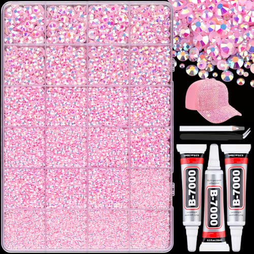 25000Pcs Resin Rhinestones with B7000 Jewelry Glue for Crafting, Light Pink AB 2-6mm Non Hotfix Flatback Gems, Bedazzling Crystal for DIY Crafts Clothing Tumblers Mugs Shoes Fabric Decor Nail Art