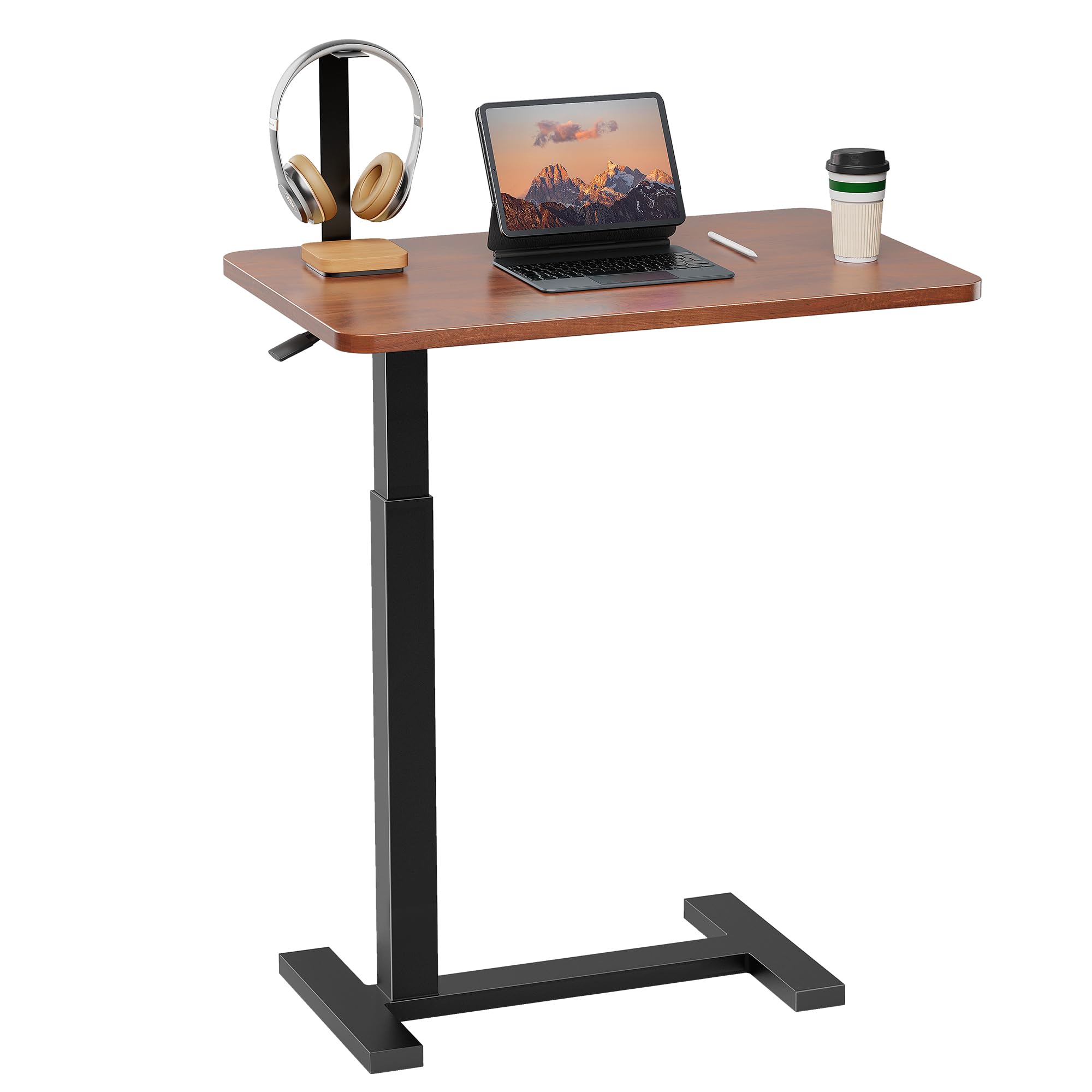 Simple Deluxe Adjustable Overbed Bedside Table with Wheels, Pneumatic Adjustable Hospital & Home Use Bed Table, Rolling Laptop Table, Mobile Standing Desk, Brown