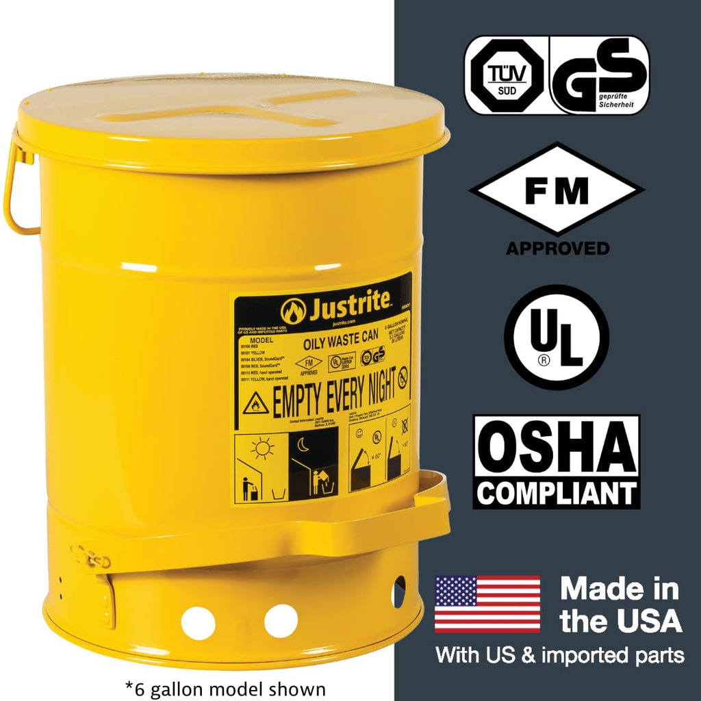 Justrite 21 Gallon Galvanized Steel Oily Waste Can, 23.5" x 18" Metal Oil Rag Safety Can with Foot Operated Self-Closing Lid for Oil Rag Disposal, Made in The USA, Yellow, 09701