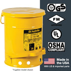 Justrite 21 Gallon Galvanized Steel Oily Waste Can, 23.5" x 18" Metal Oil Rag Safety Can with Foot Operated Self-Closing Lid for Oil Rag Disposal, Made in The USA, Yellow, 09701