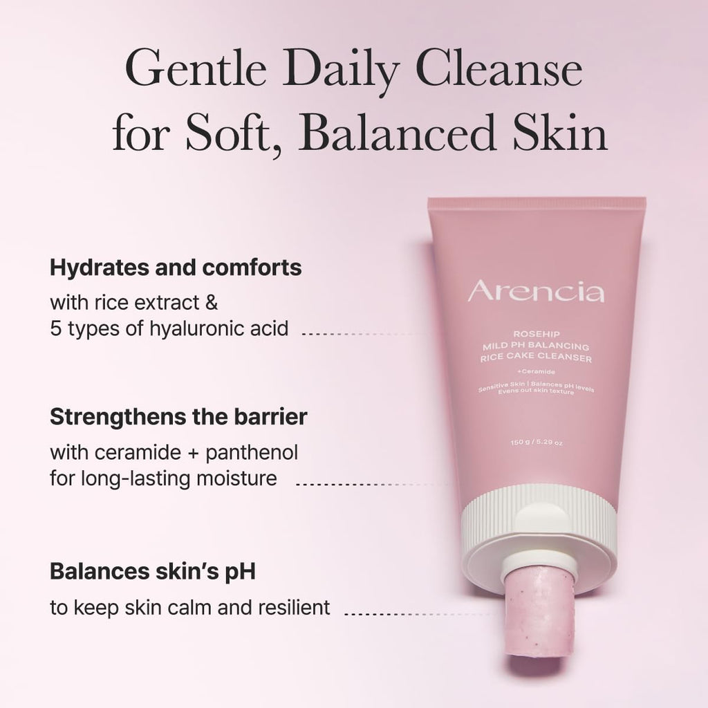 ARENCIA Rosehip Rice Cake Cleanser, pH Balancing Face Wash with Ceramide for Sensitive Skin, 5.29 oz