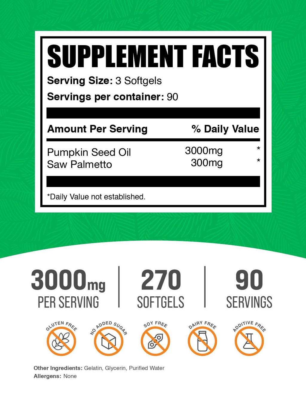 BulkSupplements.com Pumpkin Seed Oil with Saw Palmetto Softgels - Pumpkin Seed Oil Supplement, Saw Palmetto for Men & Women - Gluten Free, 3 Softgels per Serving (3000mg), 270 Count (Pack of 1)