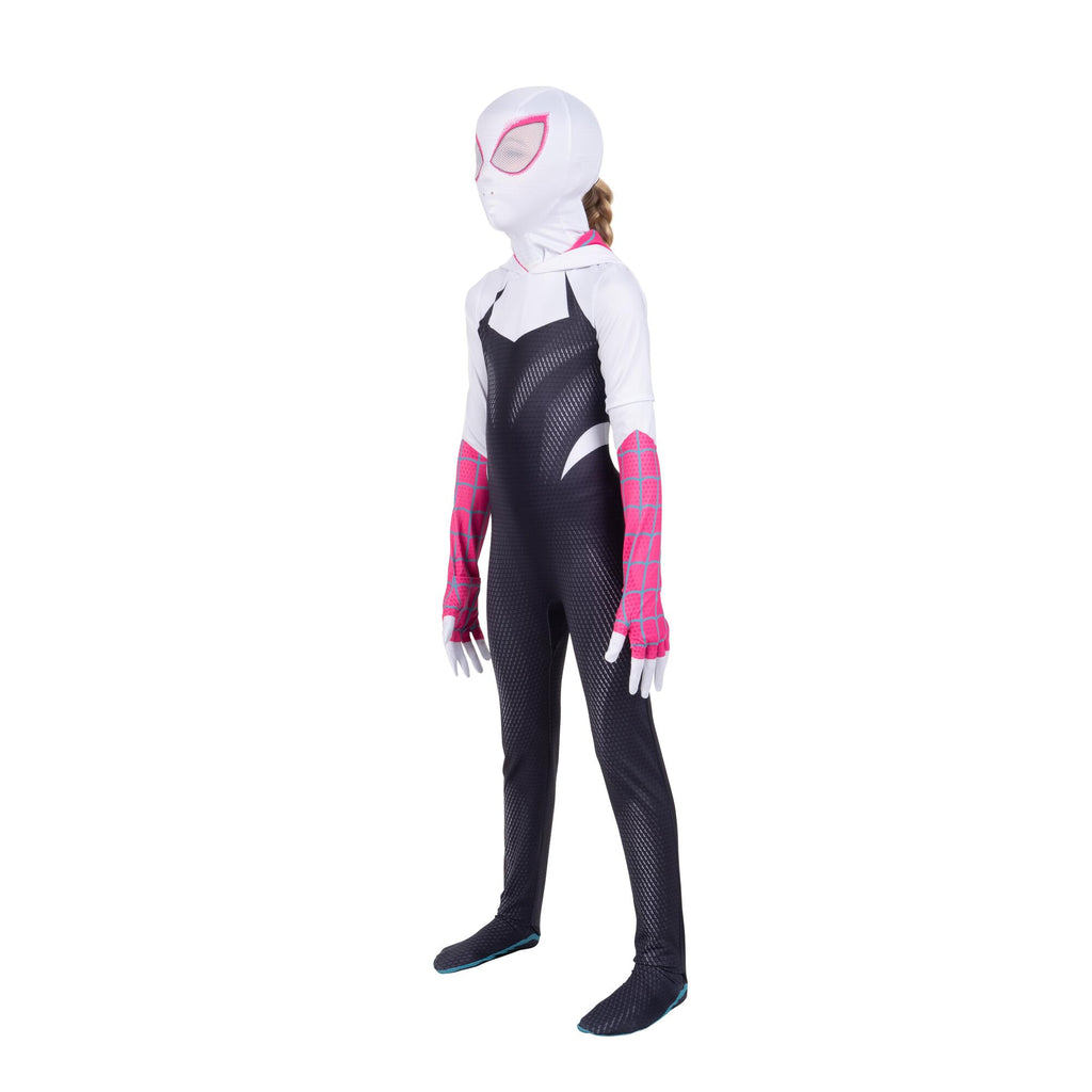 MARVEL Spider-Gwen Official Youth Zentai Halloween Costume - Hooded Spandex Jumpsuit with Printed Design and Pull On Spandex Mask (M)