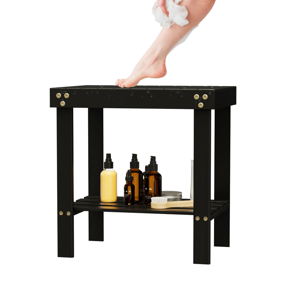 Glavbiku Bamboo Shower Bench, Shower Stool for Shaving Legs with Non-Slip Feet Storage Shelf Safe and Stable, Kids Adults Sauna Chair for Spa, Bathroom, Bedside, Living Room, Outdoor Side Table