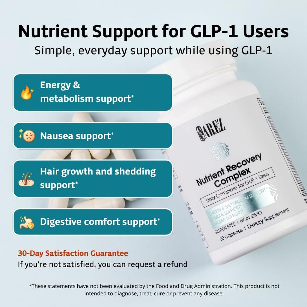 Sarez GLP-1 Daily Nutrient Support Capsules — Methylated Vitamins & Chelated Minerals — Energy, Metabolism, Digestion & Hair Support — with Ginger for Nausea — Gentle on Stomach — 30 Day Supply