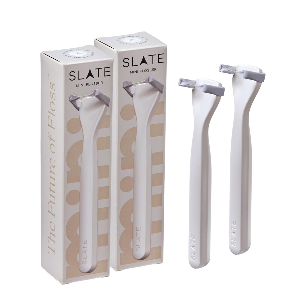 Slate Flosser Mini - Reusable Floss Pick with Gum Brush & Tongue Scraper, Dentist-Invented, PFAS/PTFE-Free, Travel-Ready | White Mini Flosser 2-Pack