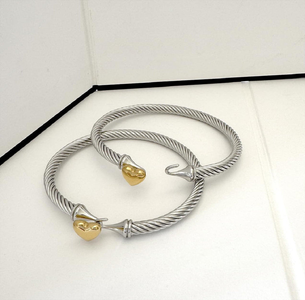 Jeolory Adjustable Twist Stainless Steel Cable Wire 14K Gold Plated Love Heart Charm Bracelets Friendship Open Bangle Wrist Cuff for Women Men