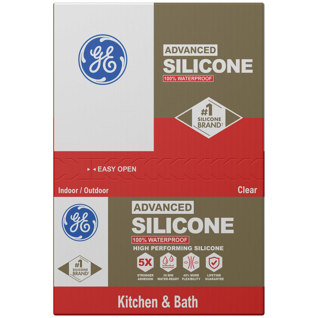 GE Advanced Silicone Caulk for Kitchen & Bathroom, Clear, 10 fl oz Cartridge, 12 Pack - 100% Waterproof Silicone Sealant, 5X Stronger Adhesion, Shrink & Crack Proof