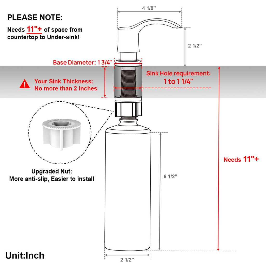 GAGALIFE Kitchen Sink Soap Dispenser with 17 Ounce Large Bottle (Brushed Nickel), Built in Sink Soap Dispenser Sink Mounted Soap Dispenser Refill from Top, G080BN