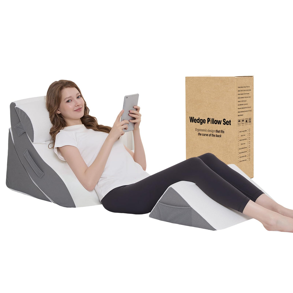 Wedge Pillow Set for After Surgery – 4PCS Orthopedic Bed Wedge Pillows for Sleeping – Adjustable Memory Foam Triangle Support for Back Pain Relief, Acid Reflux & Recovery (Grey)