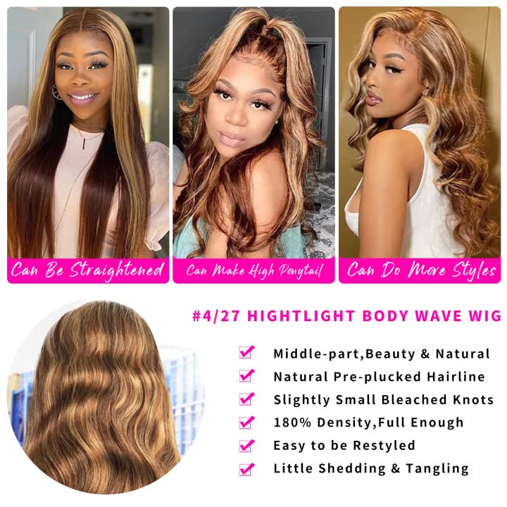 Aicrelery 26 Inch Highlight 13x6 Body Wave HD Transparent Lace Front Wigs Human Hair 4/27 Honey Blonde Body Wave Lace Frontal Wig For Women 180% Density Glueless Ombre Wig Pre Plucked with Baby Hair