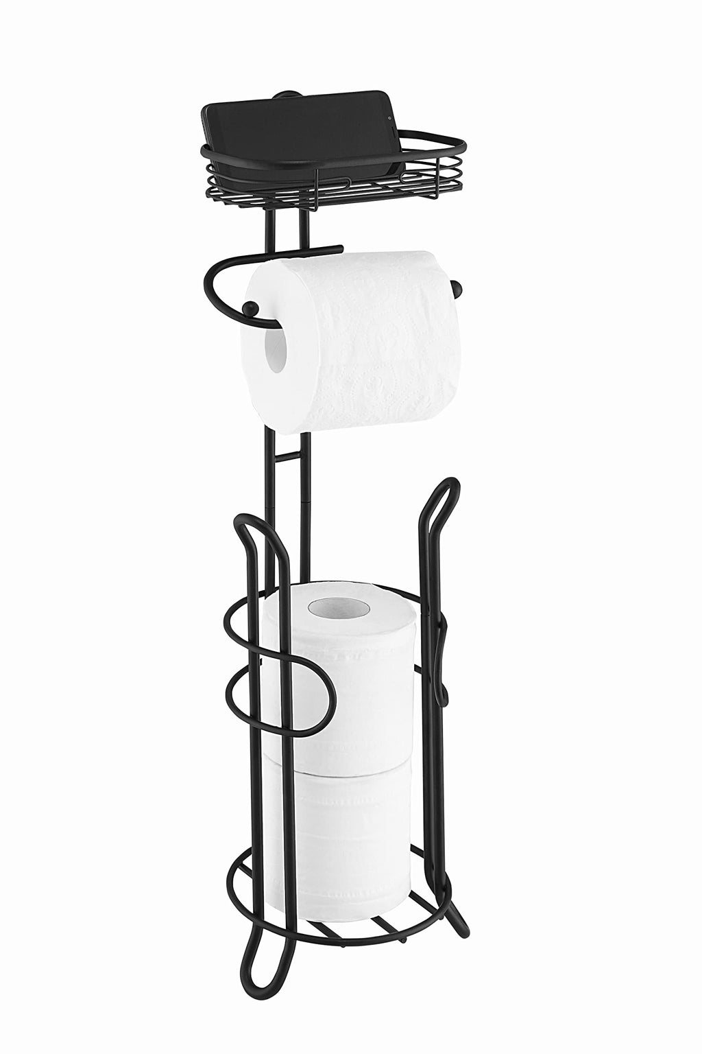 SunnyPoint Bathroom Heavyweight Toilet Tissue Paper Roll Storage Holder Stand with Reserve and Shelve, The Reserve Area Has Enough Space to Store Mega Rolls. (Black)